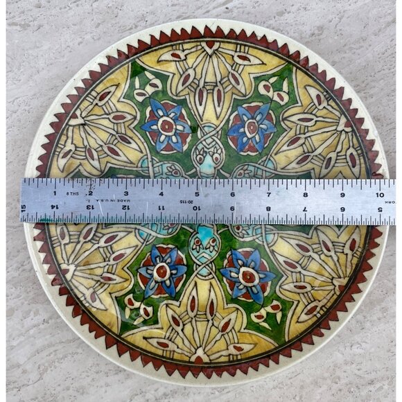 Ceramic Plate Hand Painted Floral Geometric Green Blue Yellow Red Colors 10.25”D - Picture 9 of 10